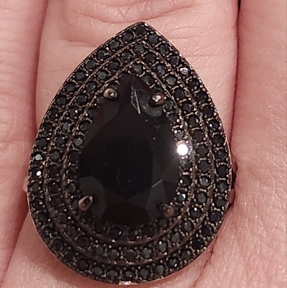 NWT JTV Black Teardrop Shaped Sterling Silver Black Spinel Ring Size 5